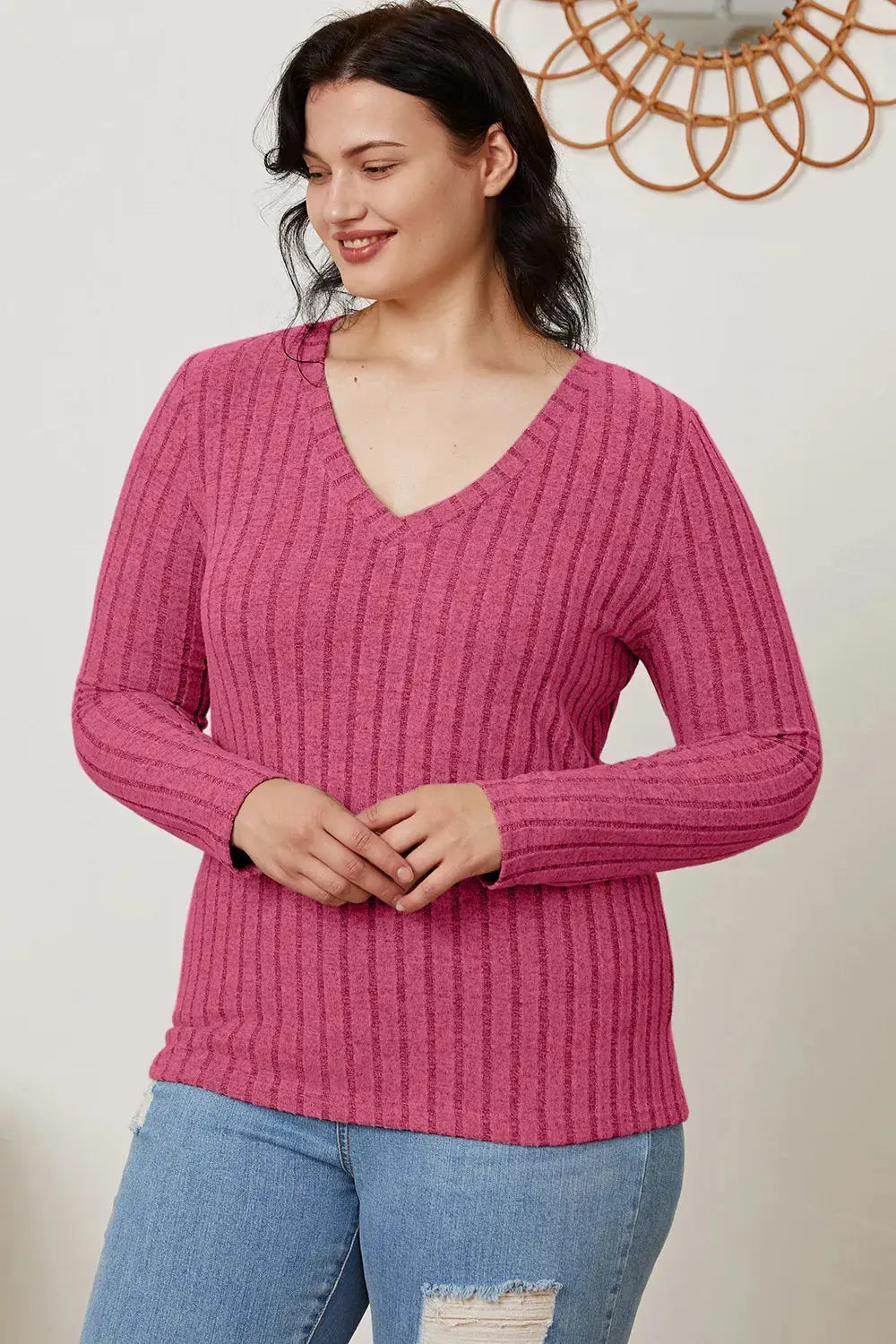 Basic Bae Full Size Ribbed V-Neck Long Sleeve T-Shirt - Love Salve